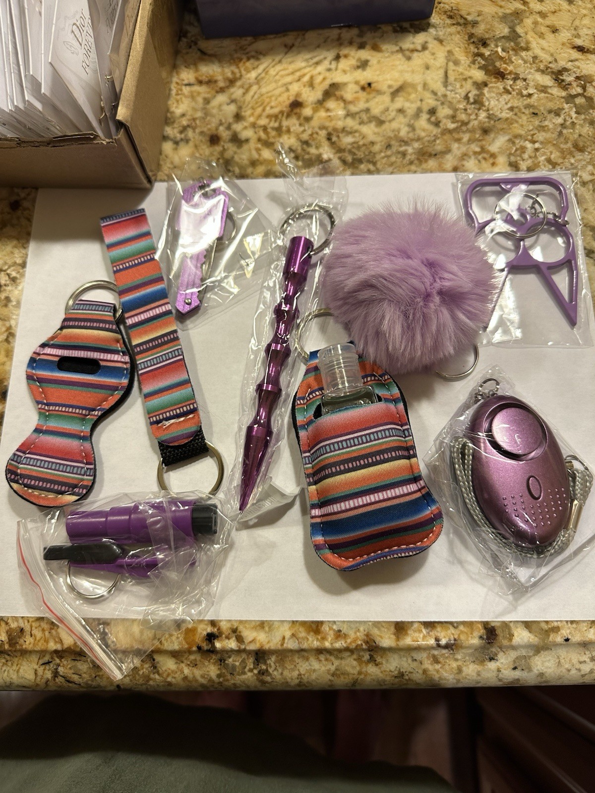 Personal Security Keychain Set with Alarm, Kubotan, Striped & Purple Accessories