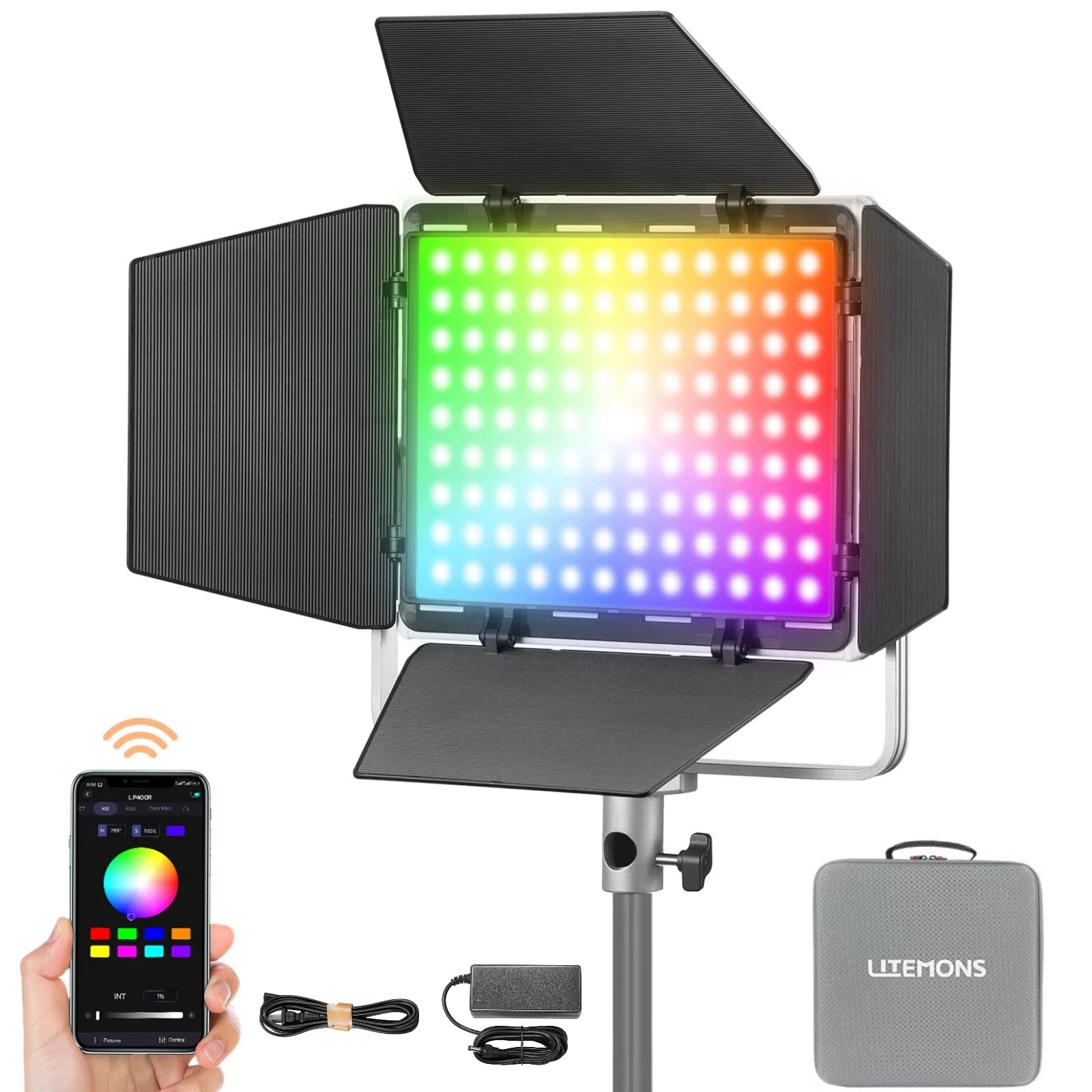 LP400R RGB LED Video Light with Barndoor, 36W 1800K-10000K 6480Lux LED Panel ...
