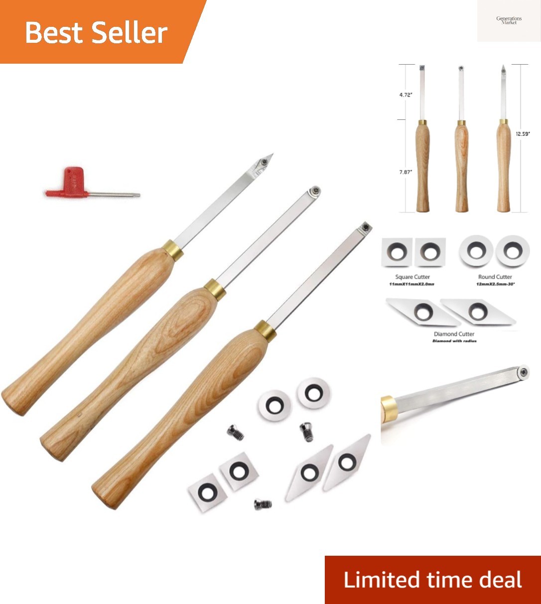 Carbide Woodturning Tool Mini Size 3 Piece Set Includes Diamond, Round and Sq...