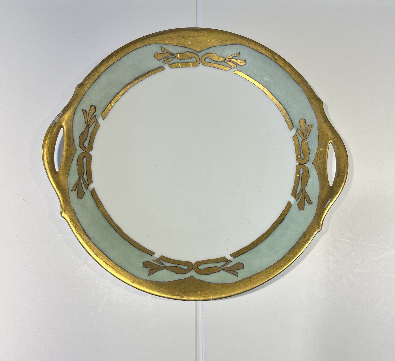 Antique Art Nouveau Handled Cake Plate Green Gold Bow Motif 10.5” c1910