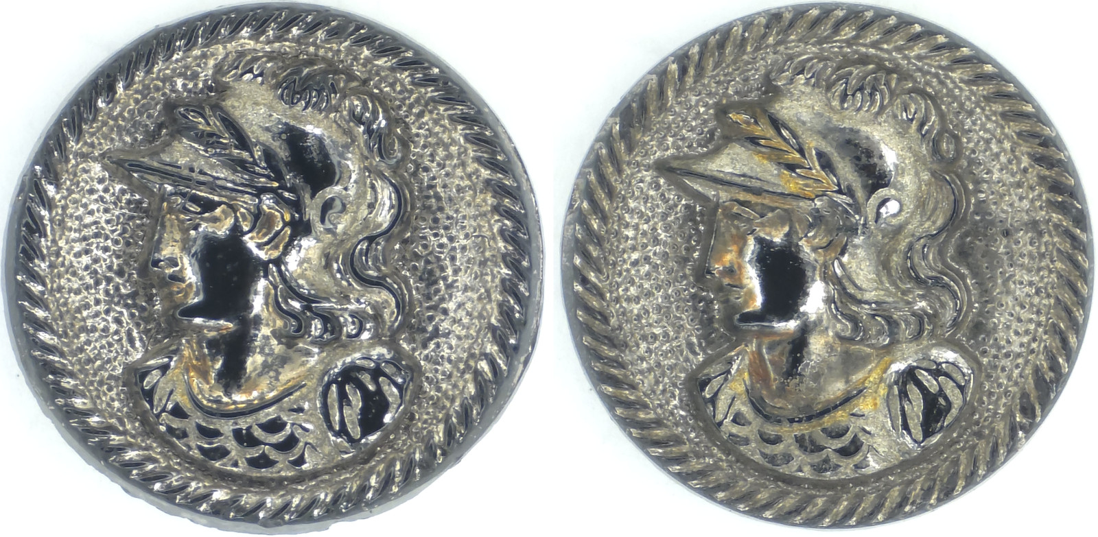 C1890s Victorian Black Glass Roman Soldier Knight Silver Luster Picture Button