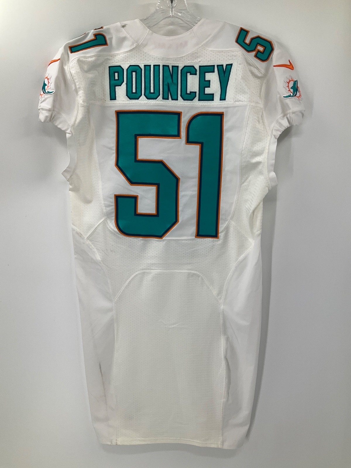 #51 MIKE POUNCEY MIAMI DOLPHINS NIKE GAME USED WHITE JERSEY SZ-44 YR-2014
