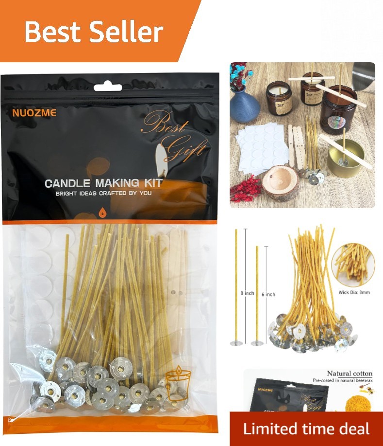 Pre-Waxed 6" Beeswax Candle Wicks - 50 Pcs & Accessories for Candle Making