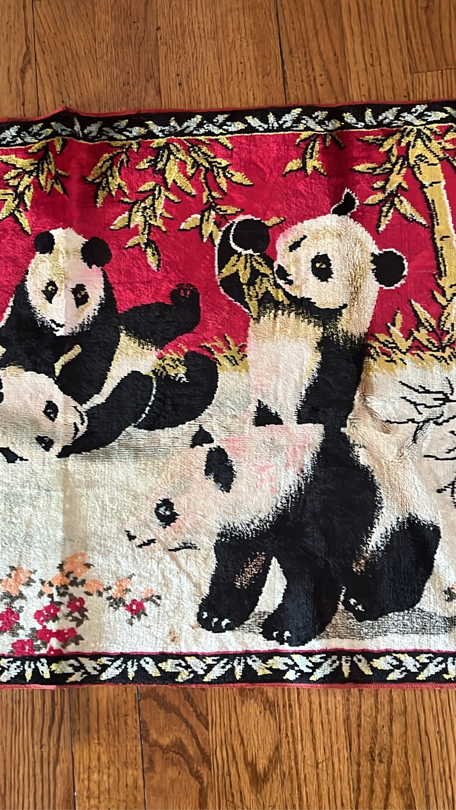 Panda Bear Velvet Tapestry Wall Art Red Bamboo Decor