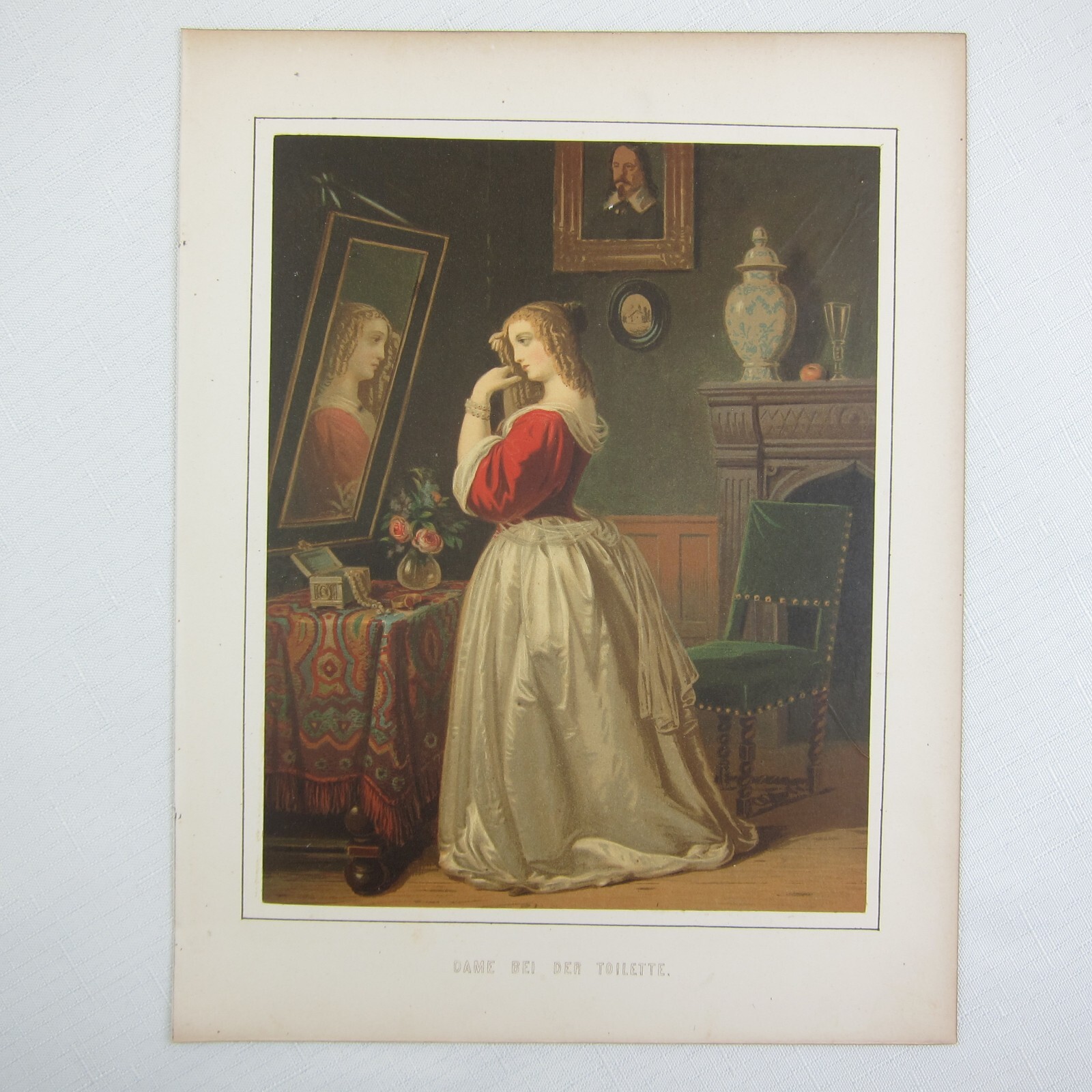 Antique 1862 Color Lithograph Lady At The Toilet German RARE