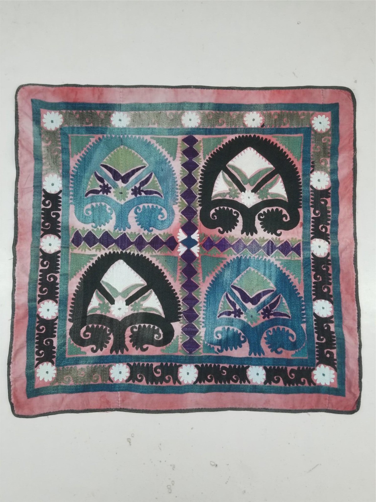 Vintage Traditional Uzbek Suzani Hand Embroidered Floral Panel 91x87cm