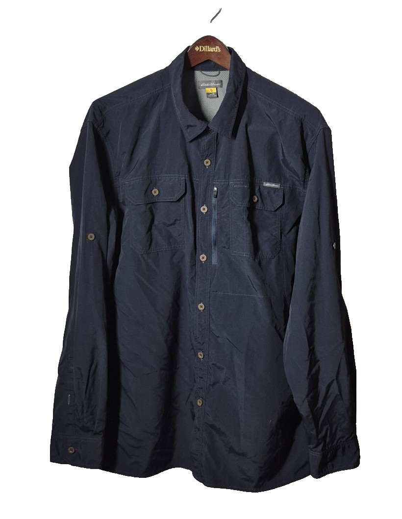 Eddie Bauer Shirt Mens XL Navy Travex Nylon Ripstop Long Sleeve Roll Tab Hiking