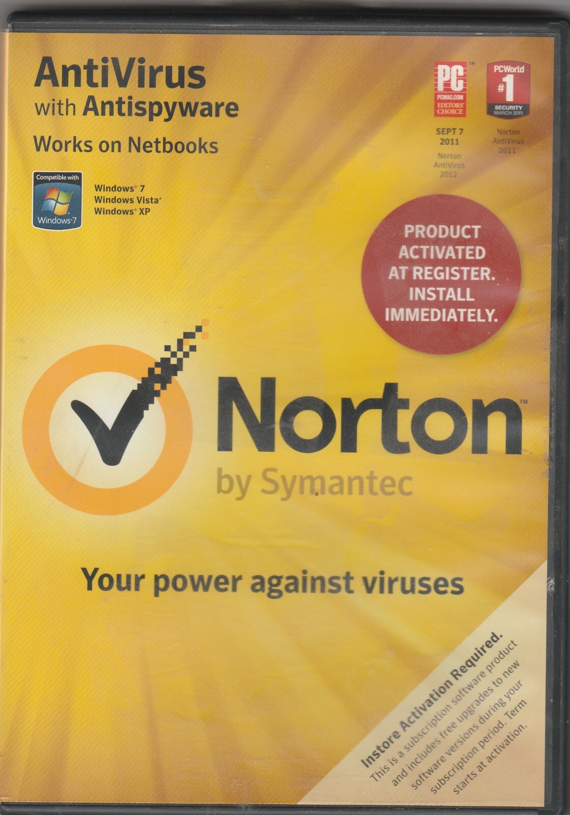 Norton AntiVirus with AntiSpyware by Symantec for Win 7/Vista/XP ~ 2011 ~ CD-ROM