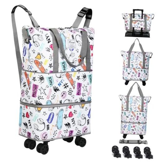  Rolling Duffel Bag with Wheels - Foldable Expandable Duffle Bag with White