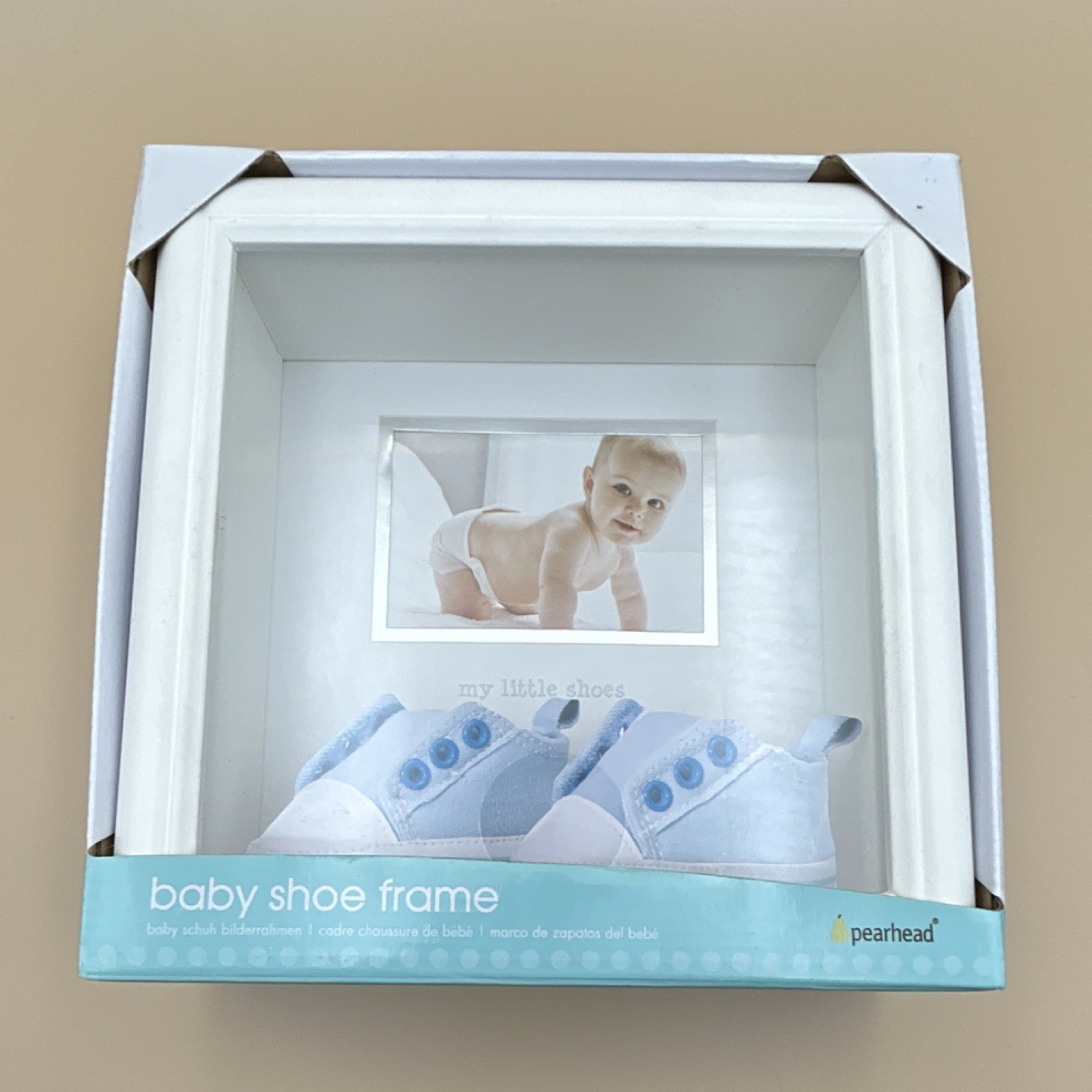 Pearhead Baby Shoe Frame White Blue Keepsake Picture Frame for First Shoes