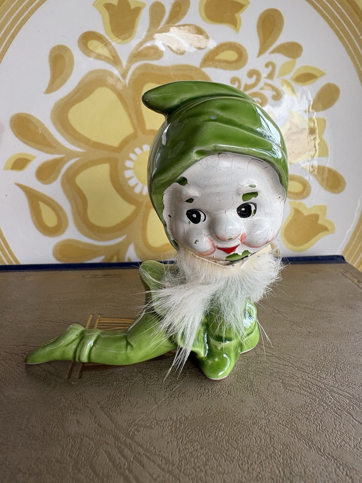 Vintage Rare Green Ceramic Kitschy Bearded Elf Pixies Made in Japan