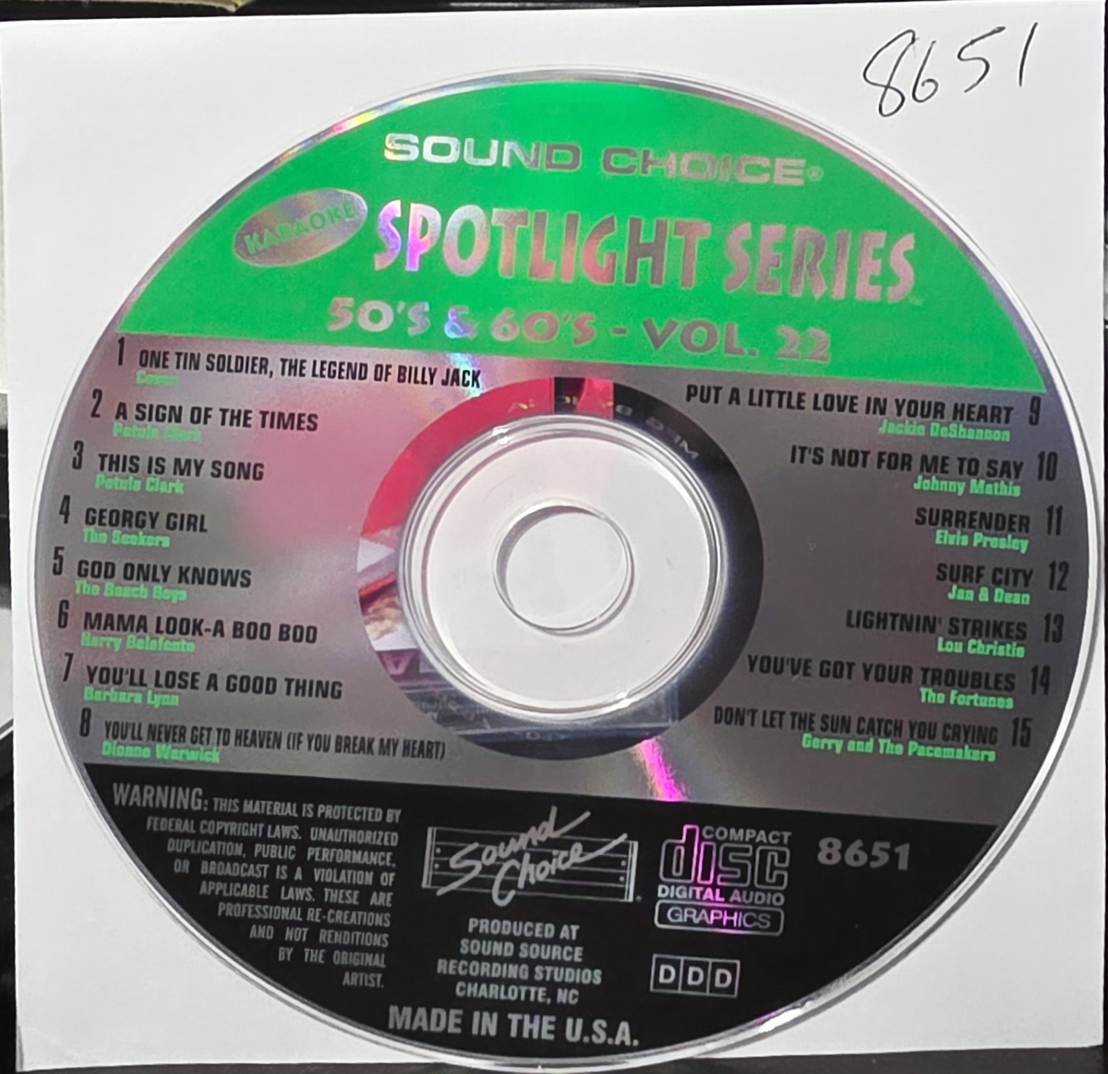 SC8651       50'S 60'S     HITS   SOUND CHOICE KARAOKE CDG  LOT LONG DRIVE