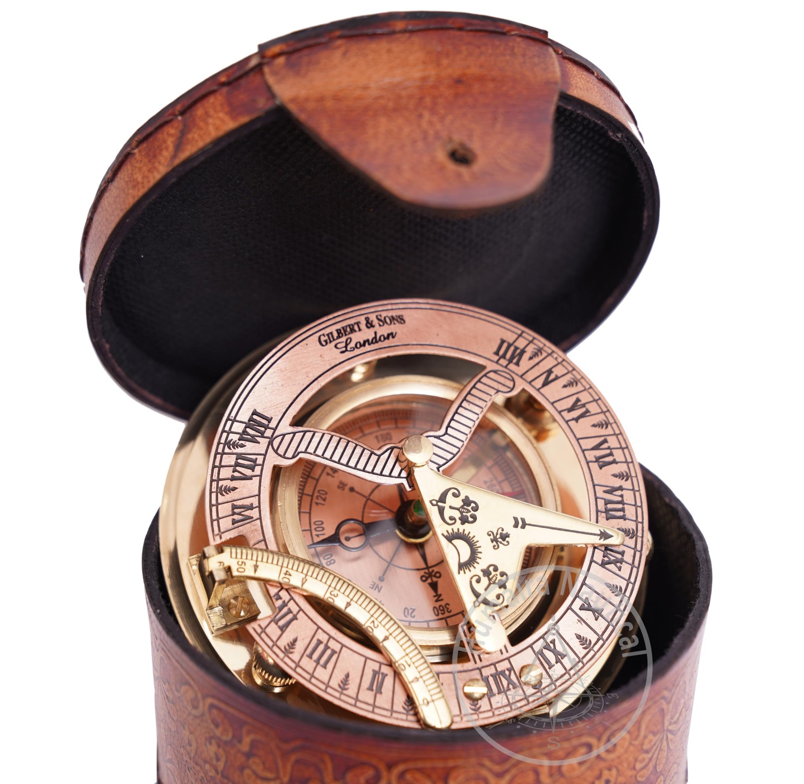 Vintage Brass Sundial Compass with Copper Dial & Leather Handmade Sun Clock M...