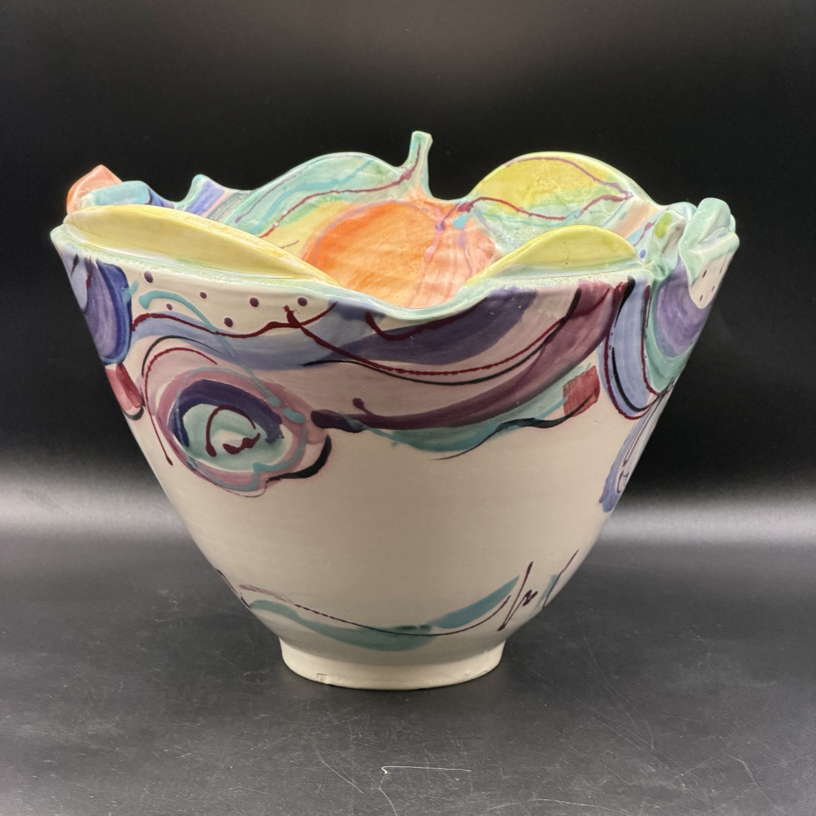 Clay & Color Studio Art Pottery Large Fruit Console Bowl Centerpiece 10” X 8”