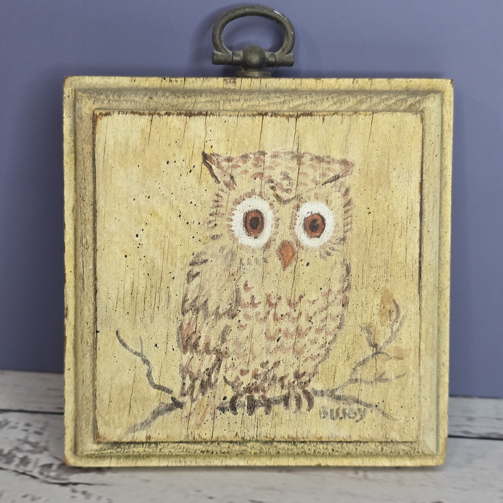 Vintage painting of owl on wood Plaque 3.5 x 3.5 Cottagecore 1970s Kitschy 