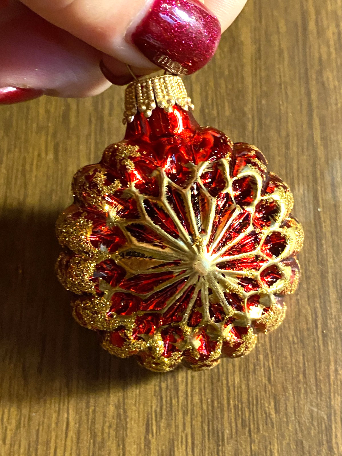 Round Blown Glass Puffed Red w Gold Glitter Christmas Ornament 2"