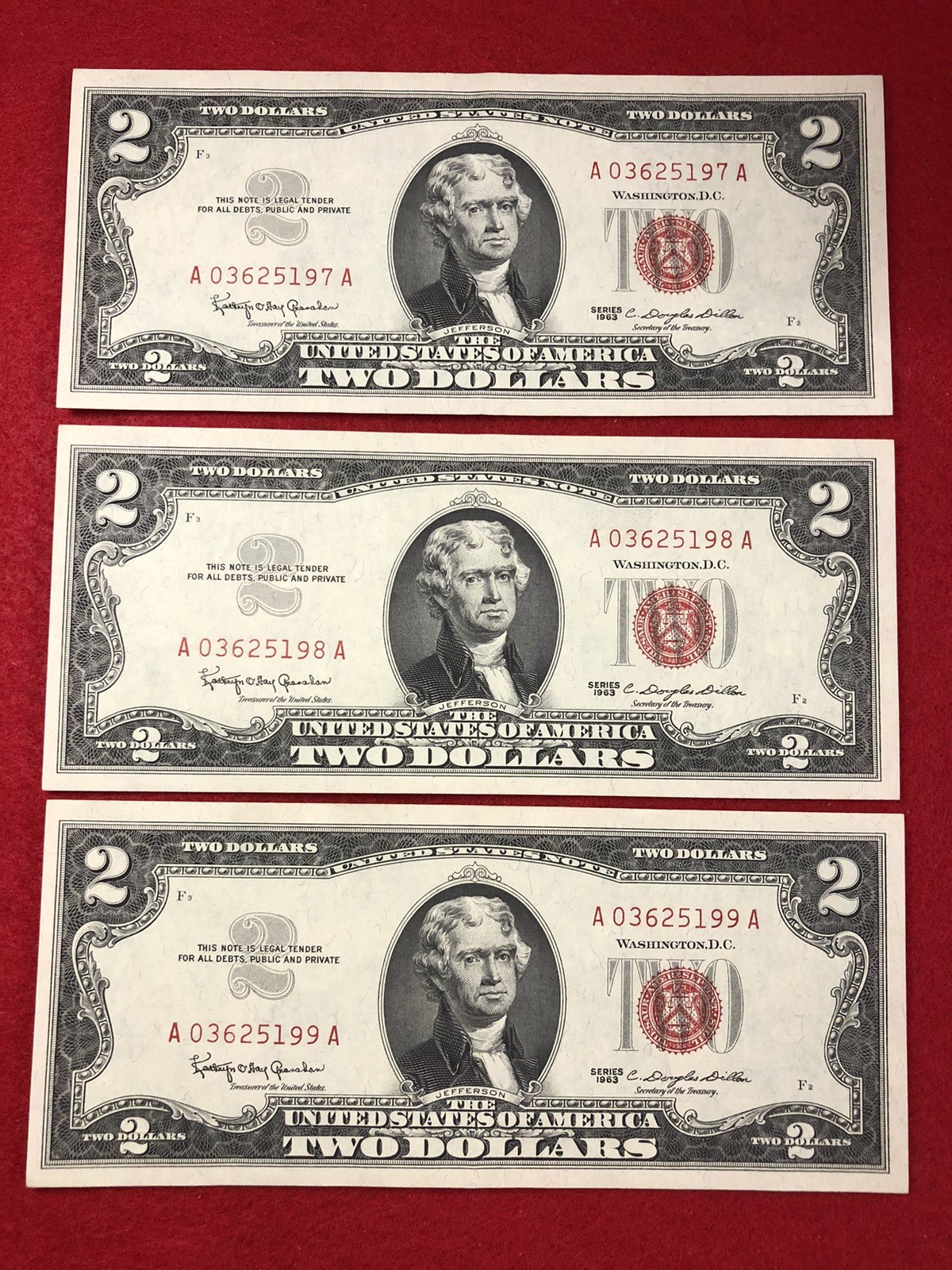 Three (3) CRISP UNCIRCULATED SEQUENTIAL 1963 Red Seal $2 Two Dollar Bills