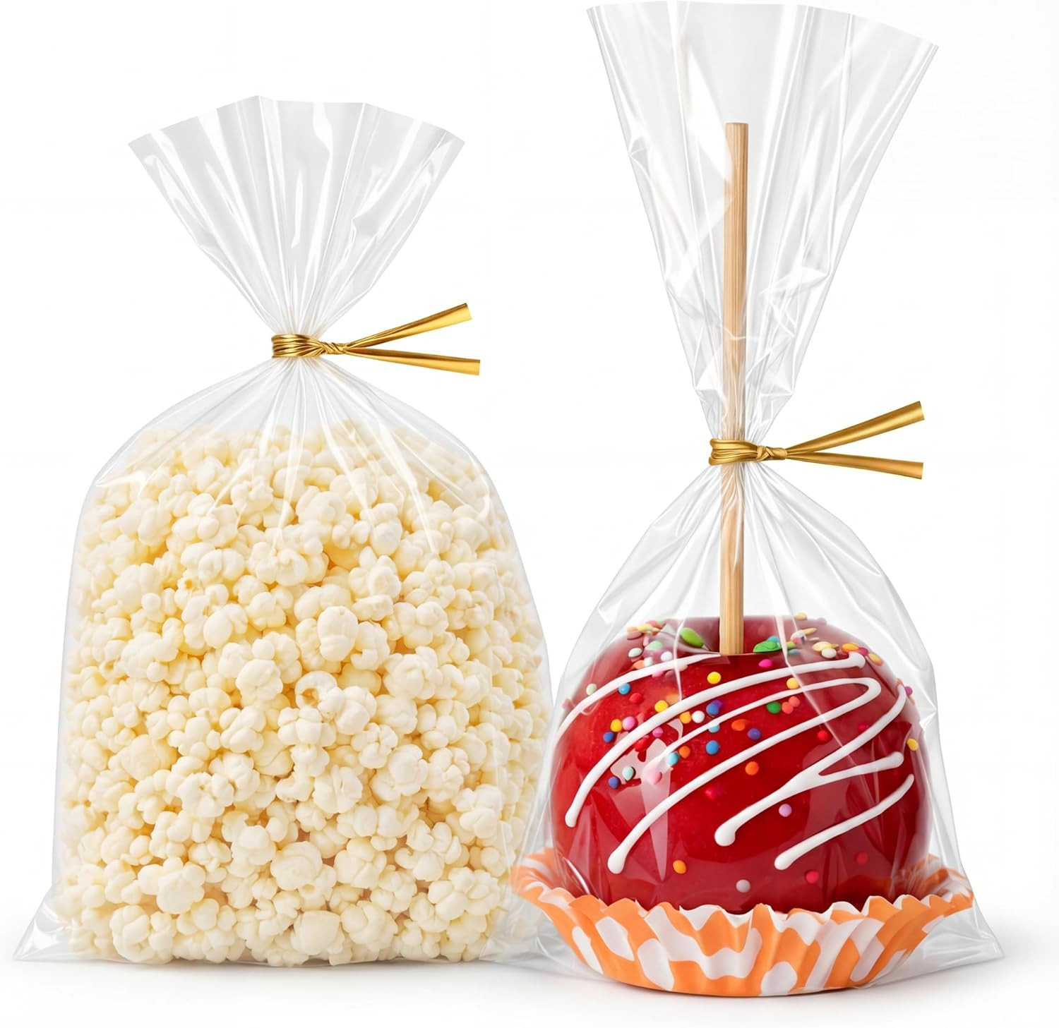 100 CT 6x10 Inch Clear Flat Cellophane Treat Bags with 6” Gold Twist Ties, Cello