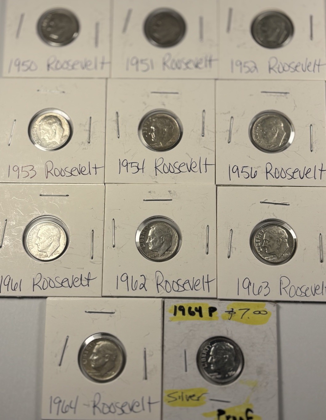 90% Silver Roosevelt Dime Lot 1950–1964 (11 Coins) Includes 1964 Proof