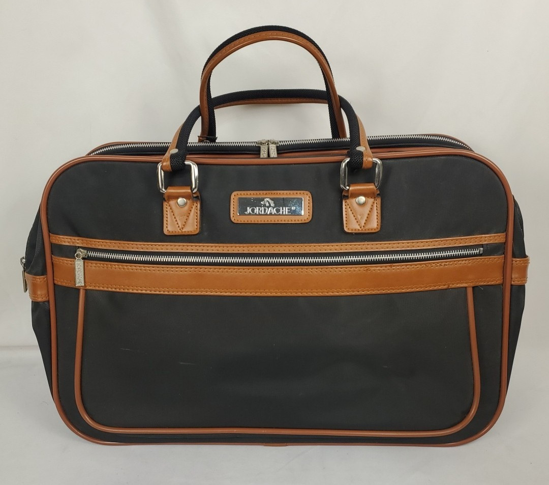 VTG Jordache Brief Case Carry-on Luggage Black Tan Strap Zip Multi Pocket Footed