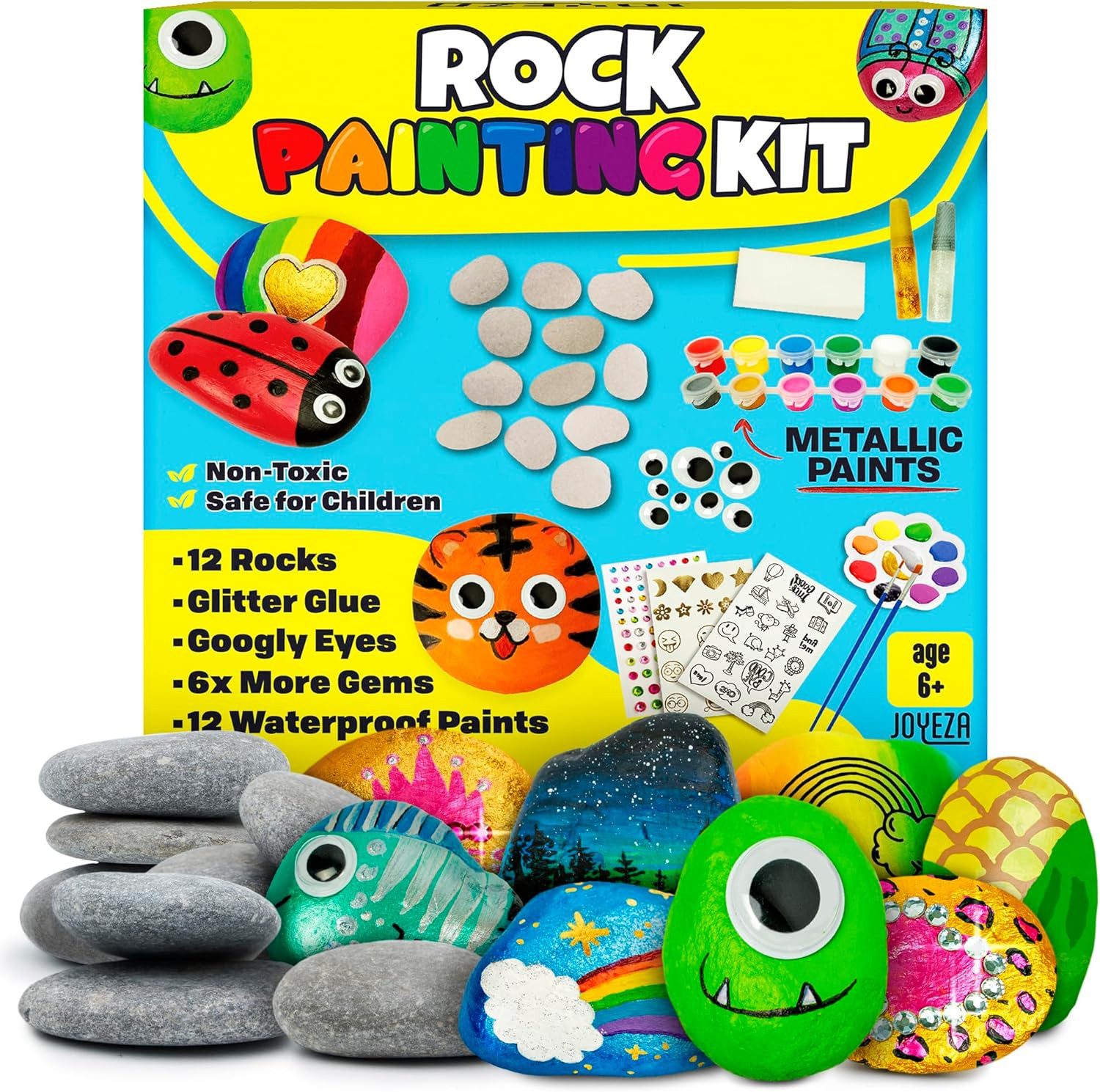 Rock Painting Kit Deluxe, Arts and Crafts for Girls Boys Age 6+, 12 Rocks Tween 