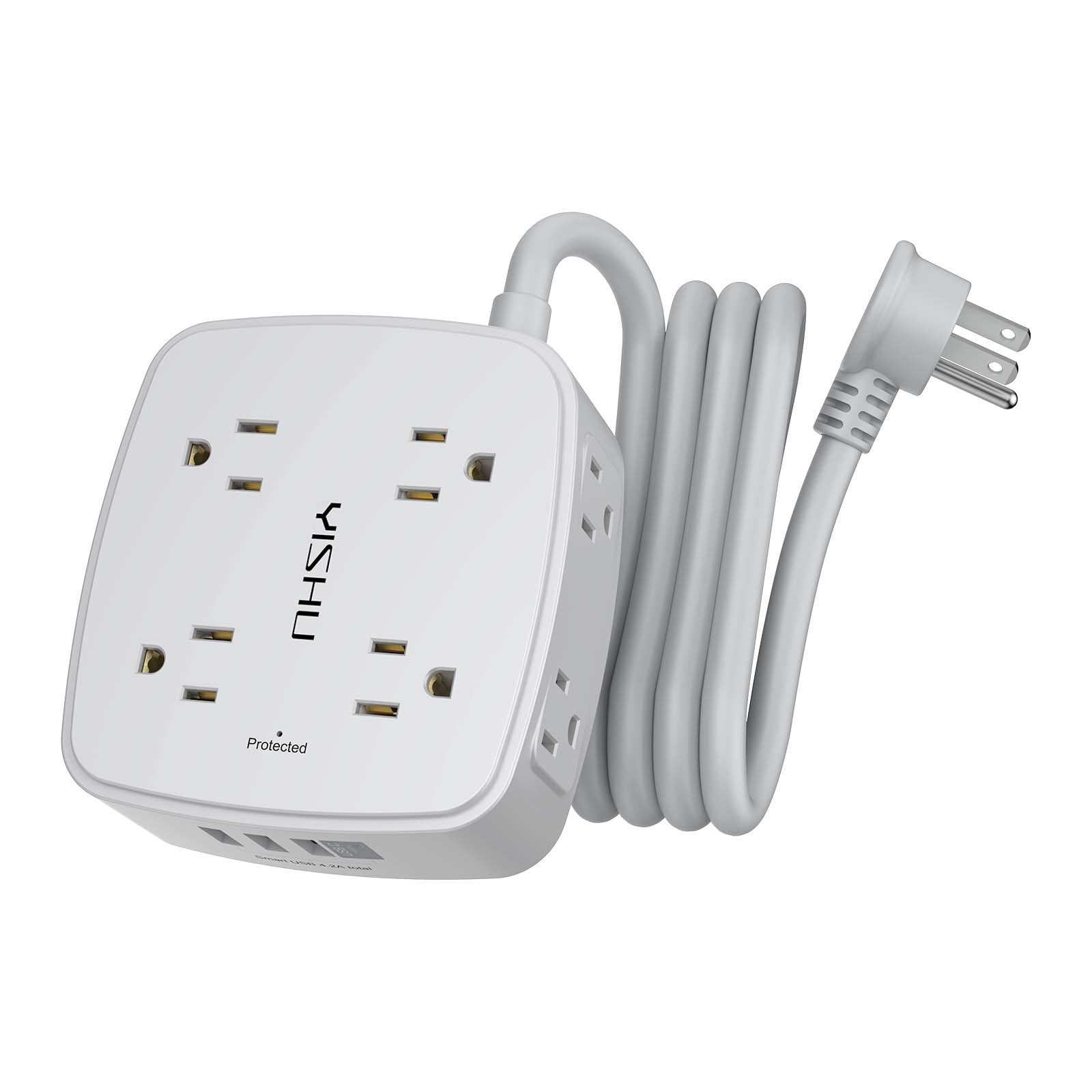 Surge Protector Power Strip 8 Outlets 4 USB Ports 6 Ft Extension Cord Grey Side