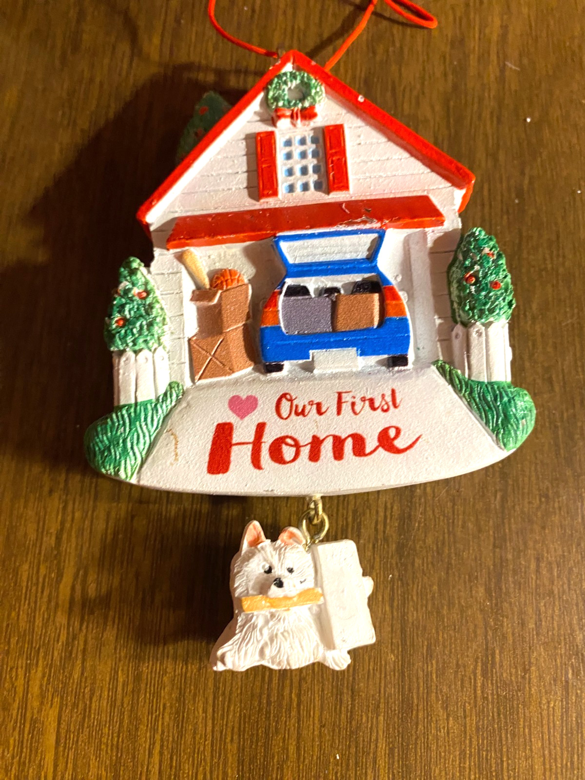 Resin OUR FIRST HOME w Dog Dangle Christmas Ornament 4"