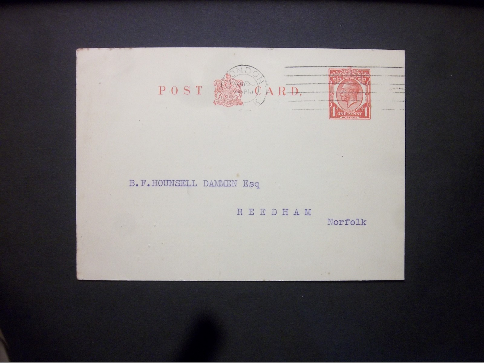 Stationery STO KGV 1d carmine 'Tea Planters' Postcard size g LONDON m/c H&B CS52