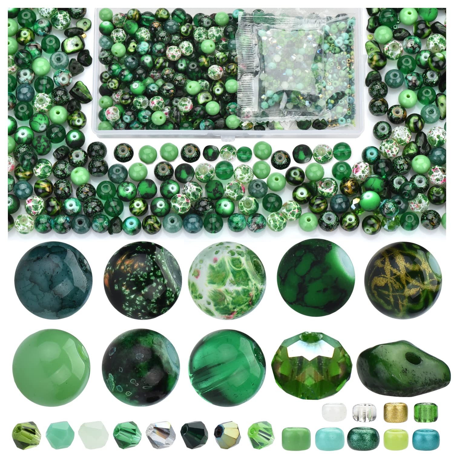 Fresh Green Glass Beads DIY Kit 900pcs  8mm Assorted, Bicone & Seed Beads