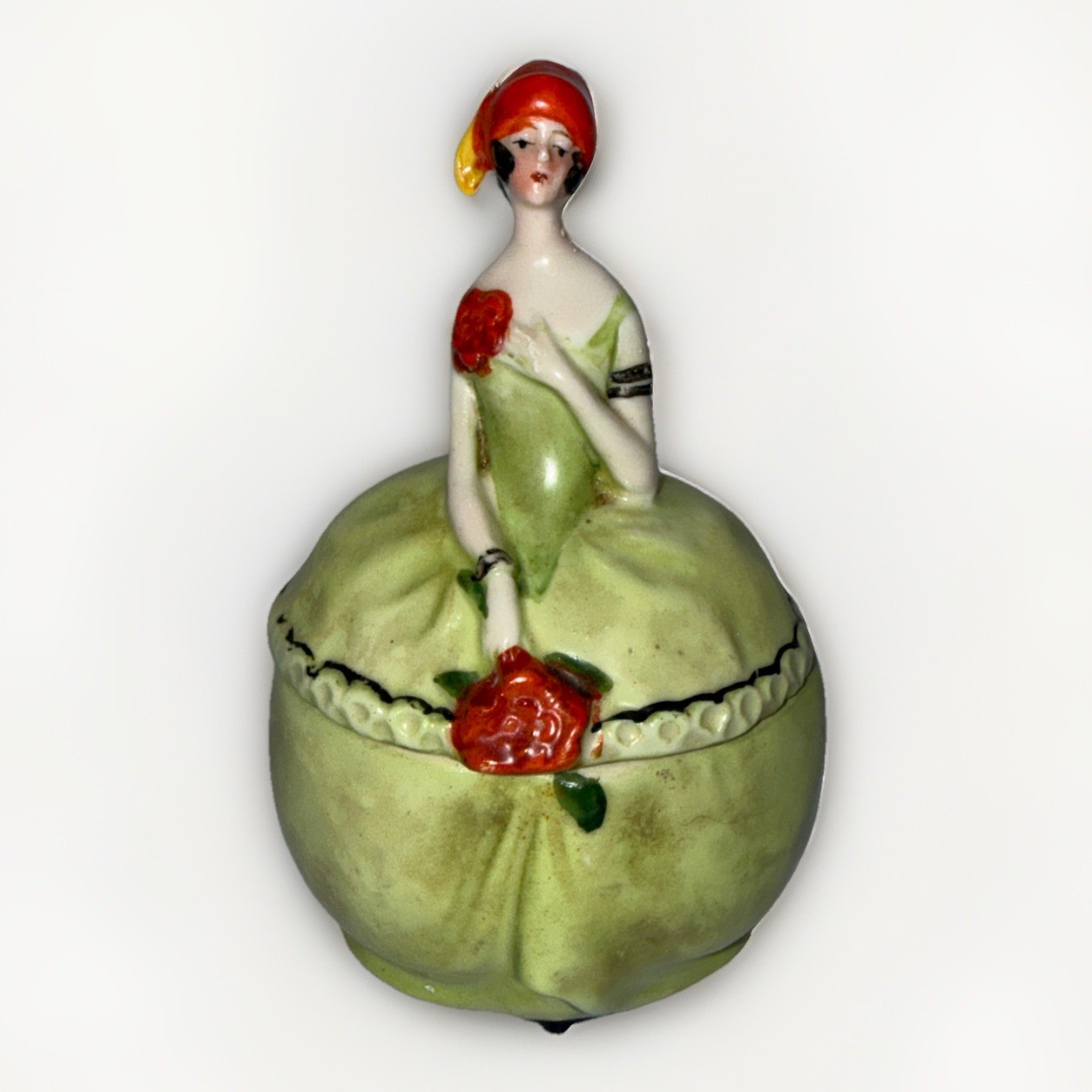 Antique German Dresser Doll Trinket Dish 1920s Flapper Green Dress