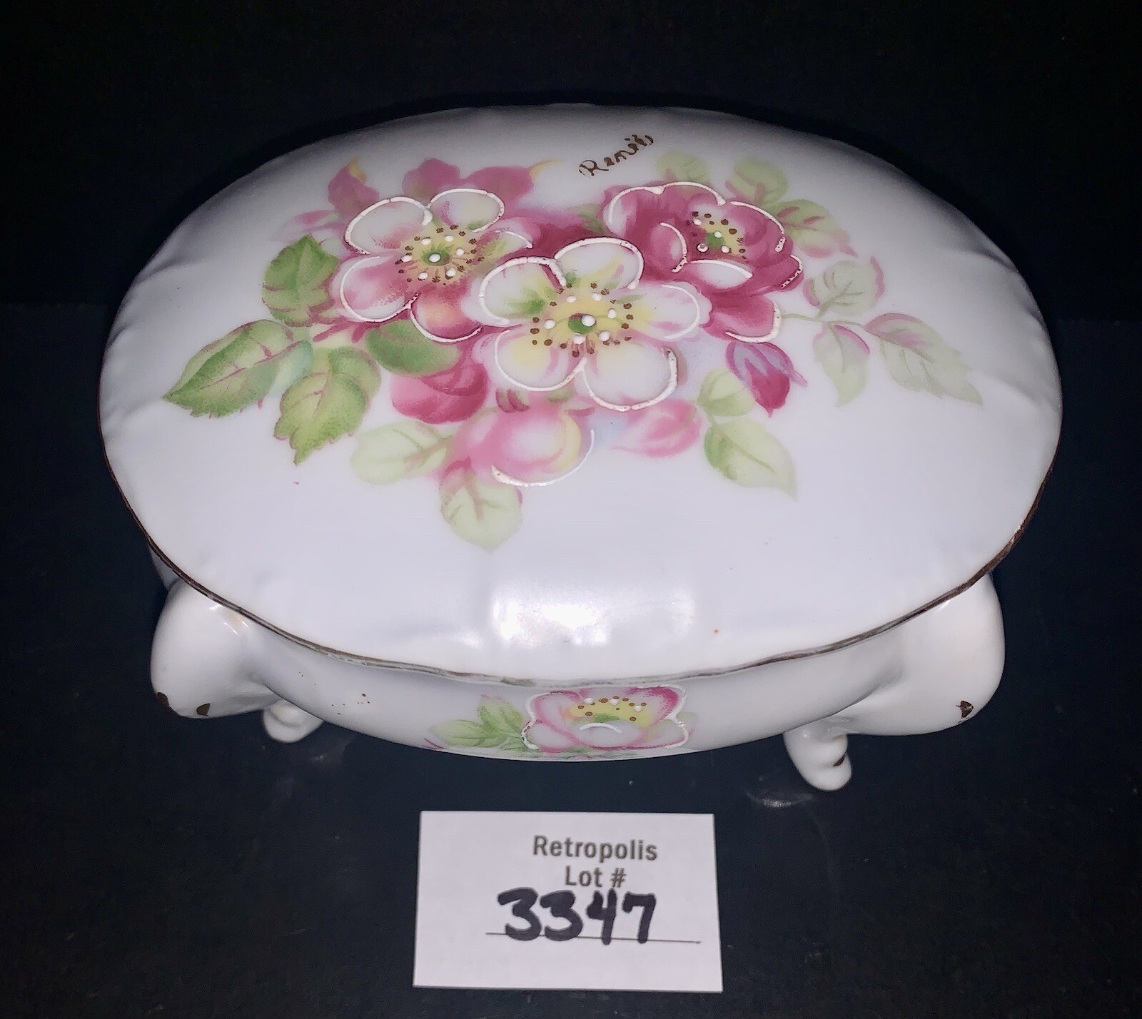 Hand Painted White Floral Footed Ceramic Trinket Box Signed Vintage