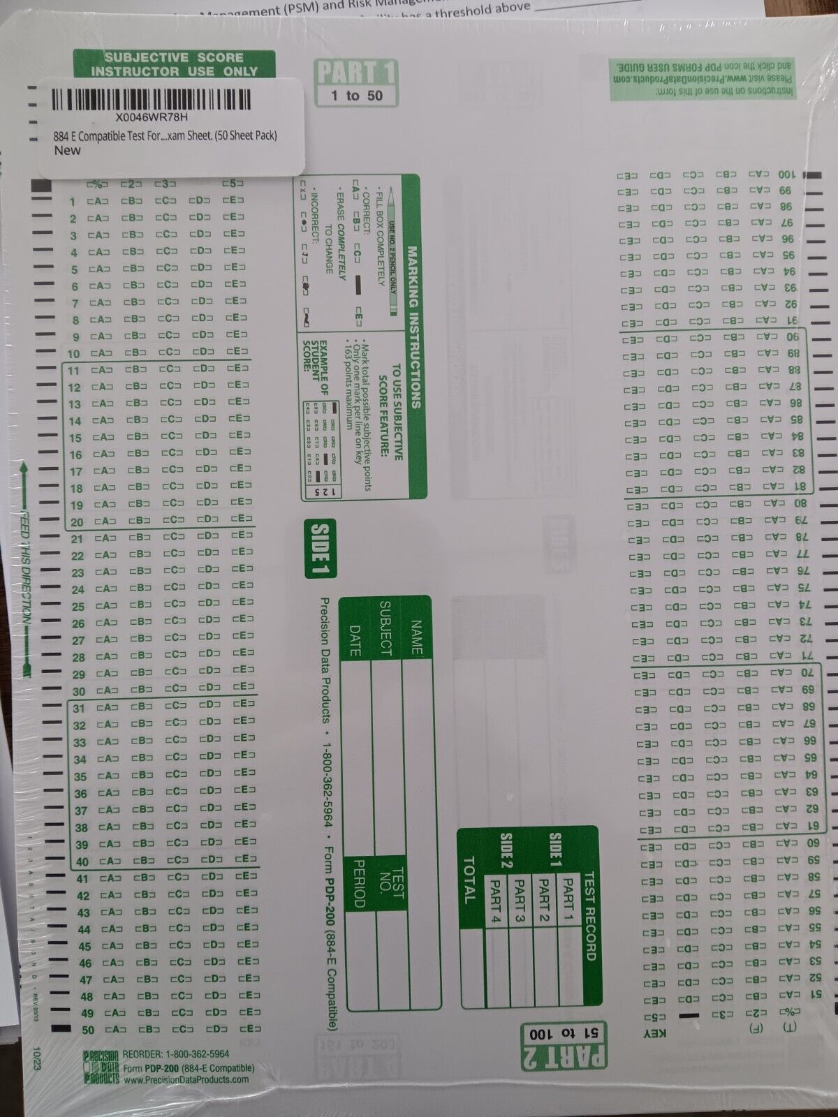 200 Question Scantron Sheet - Pack of 50 - 884E Compatible