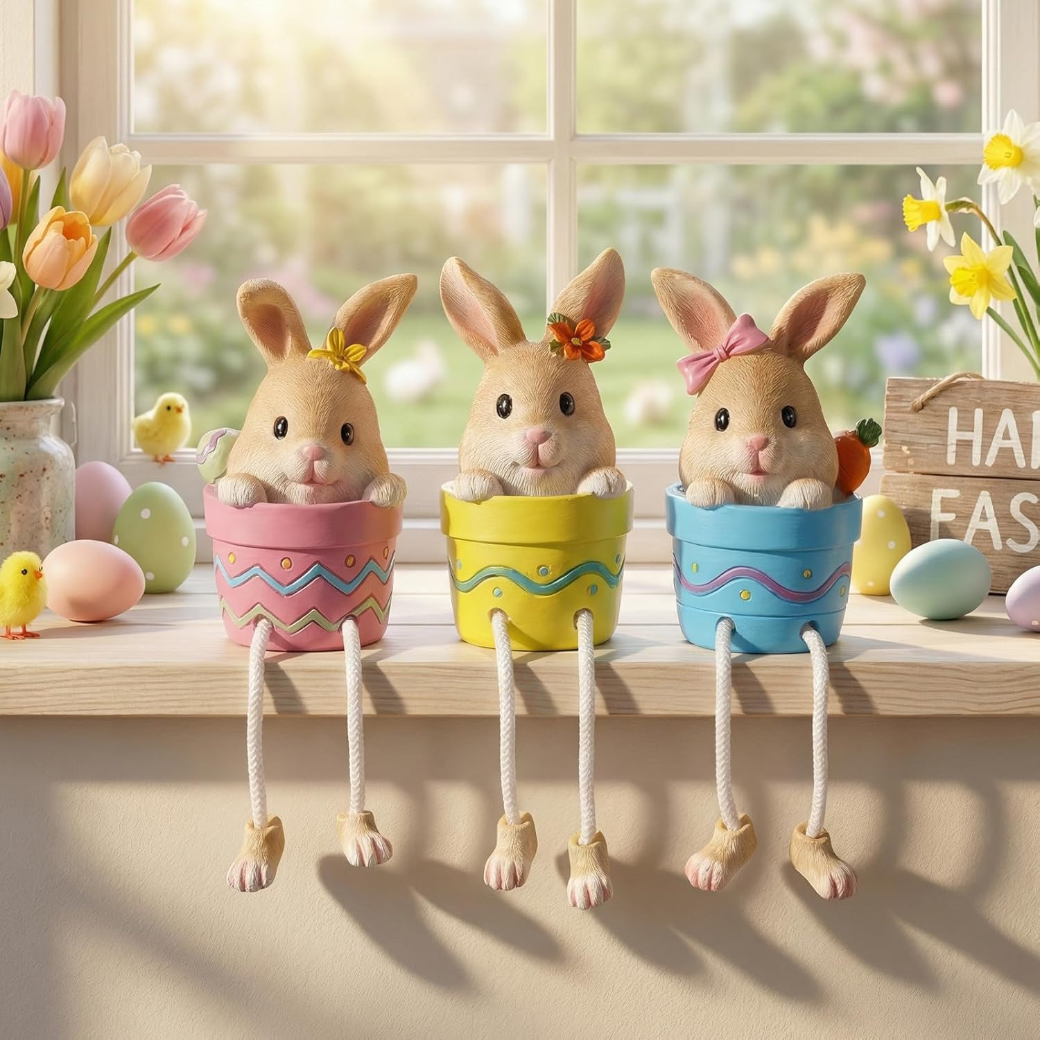 Set of 3 Easter Home Decor Indoor, Resin Egg Bunny Figurines Shelf Sitters with 