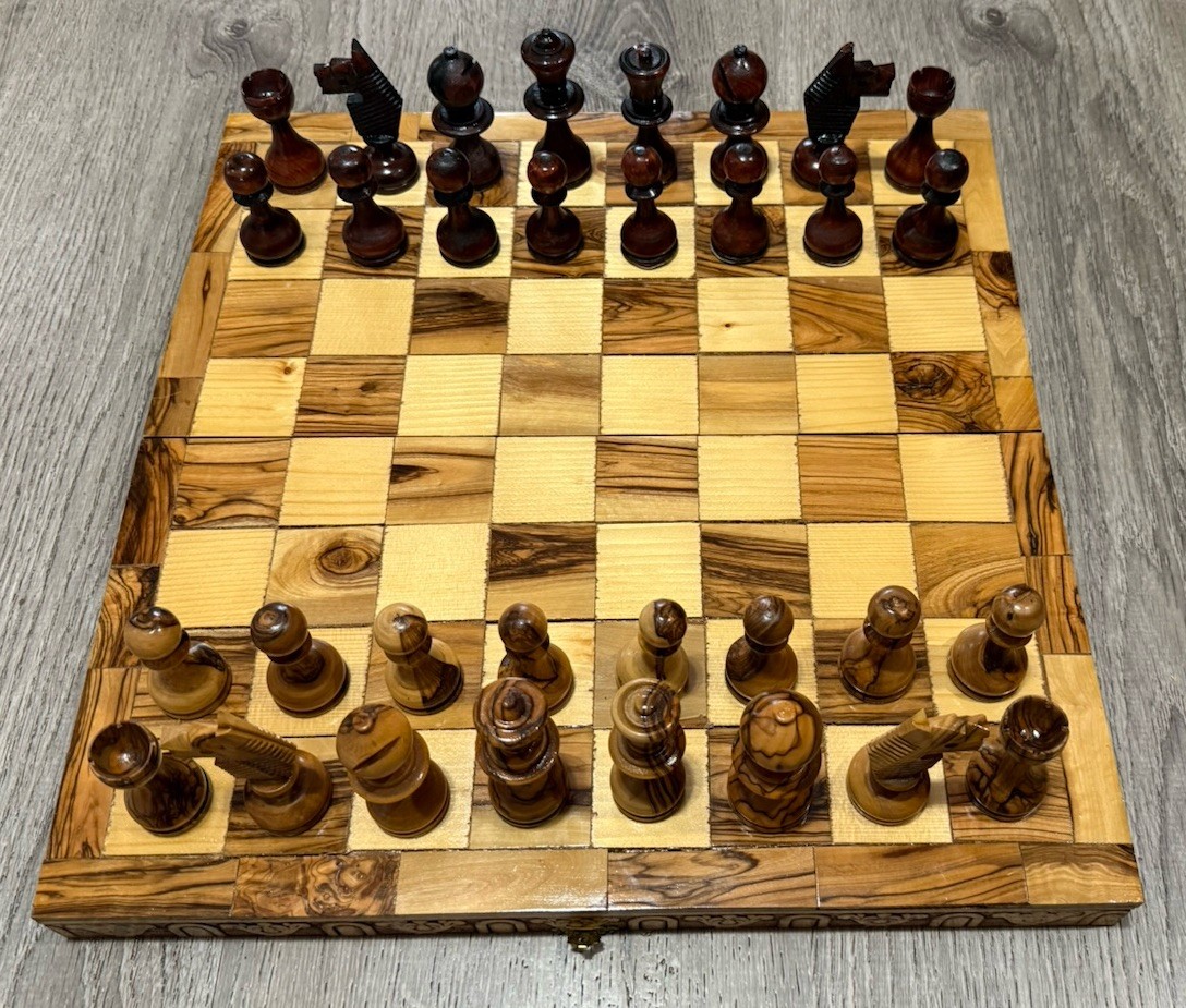 Hand Carved Chess Set Game Pieces & Board Made from Olive Wood Foldable Israel