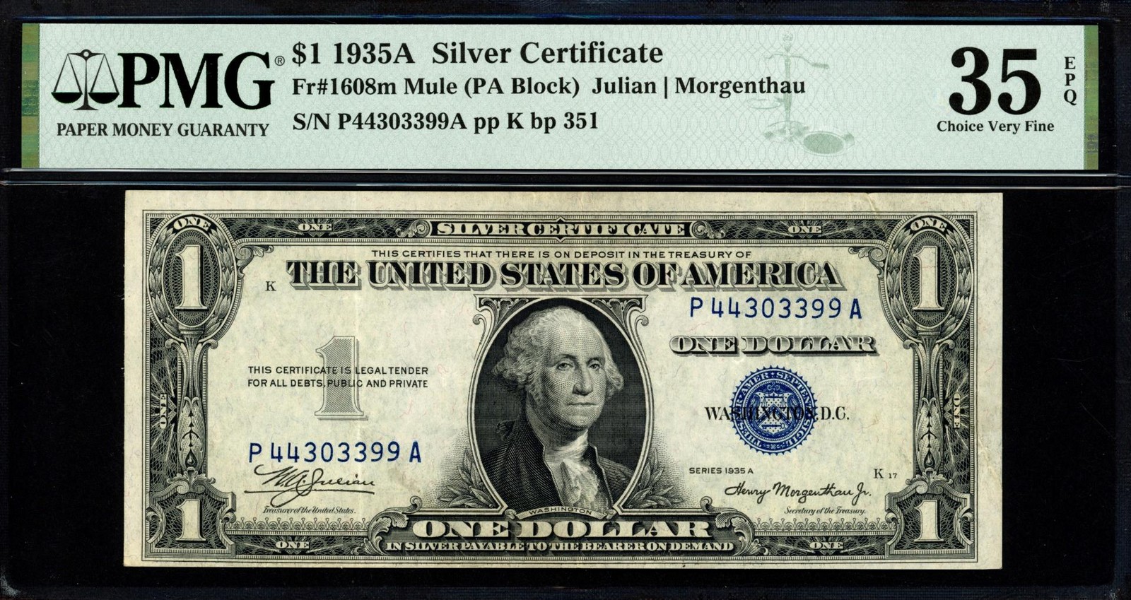 1935A $1 Silver Certificate MULE - PMG Choice Very Fine VF 35 EPQ - 1608m