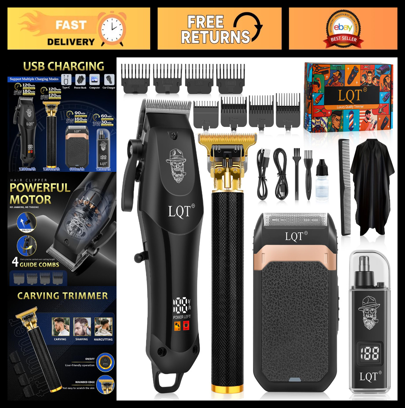 Cordless Hair Clippers Set for Men - LED Display, Beard Trimmer & Foil Shaver