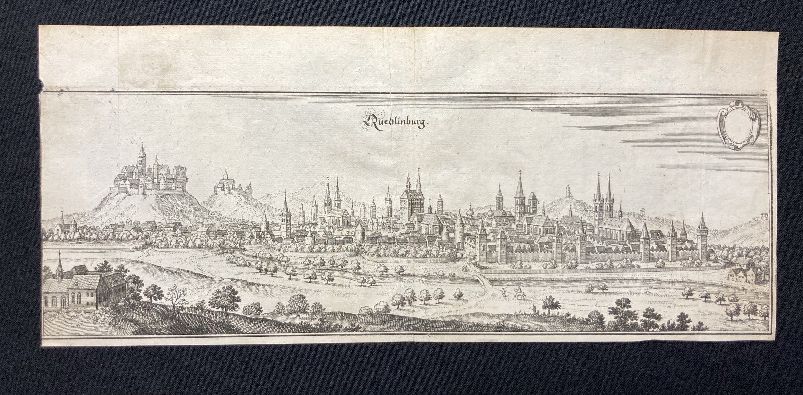 Merian copperplate map of Quedlinburg in Saxony-Anhalt around 1650 16x38cm