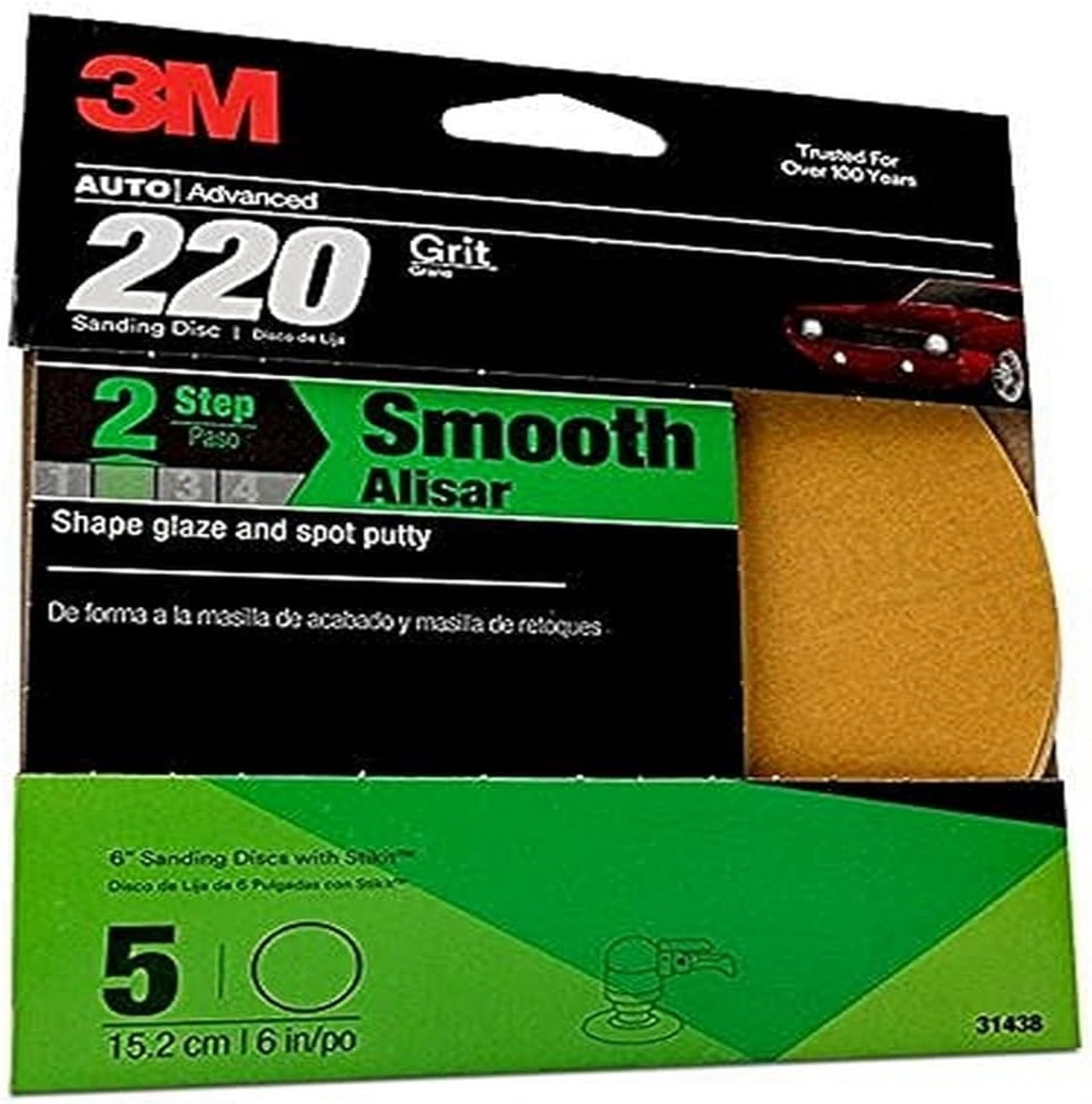 3M Sanding Disc with Stikit Attachment, 31438, 6 in, 220 grit, 5 discs per pack 