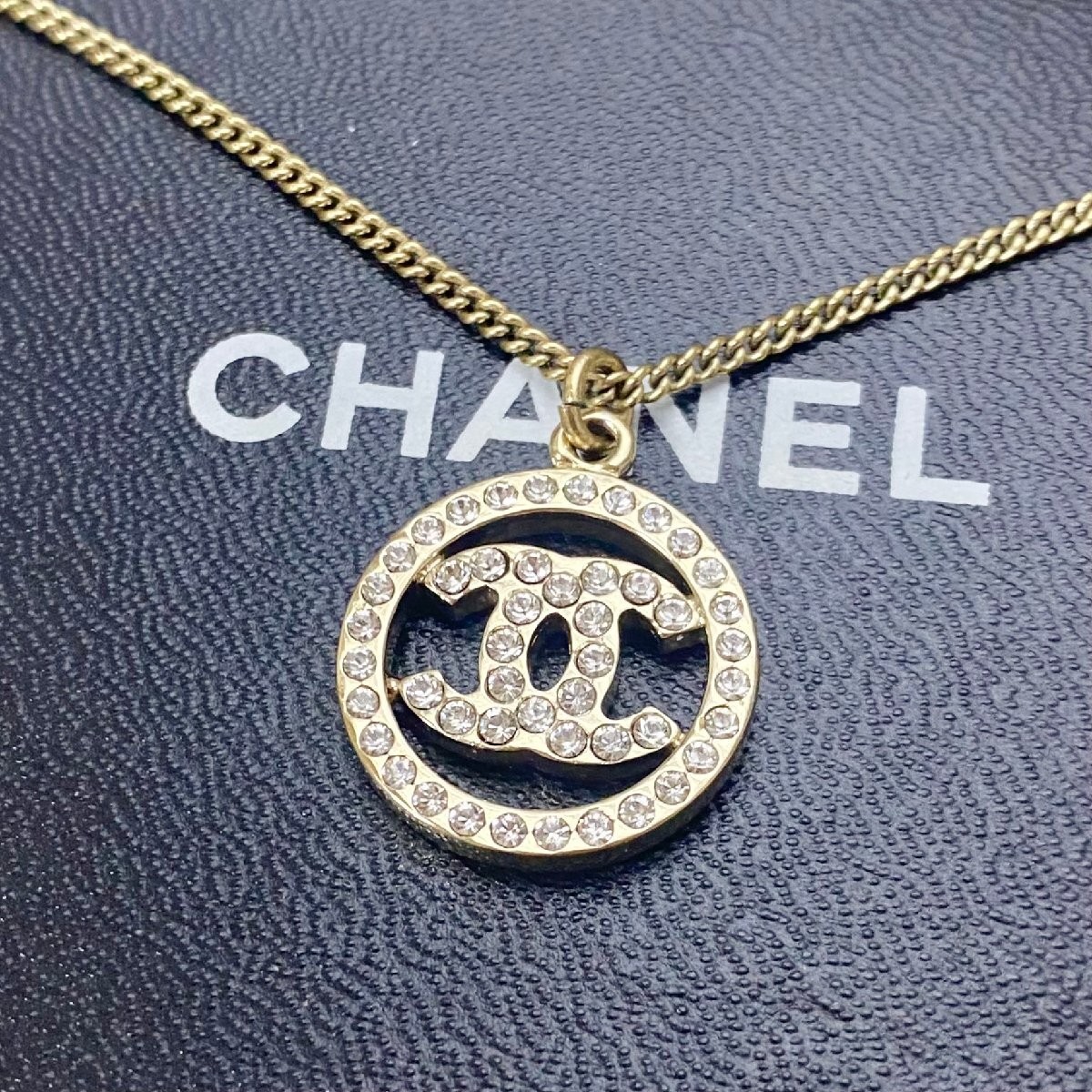 CHANEL Necklace Coco Mark Rhinestone Stone Circle Gold Logo Round