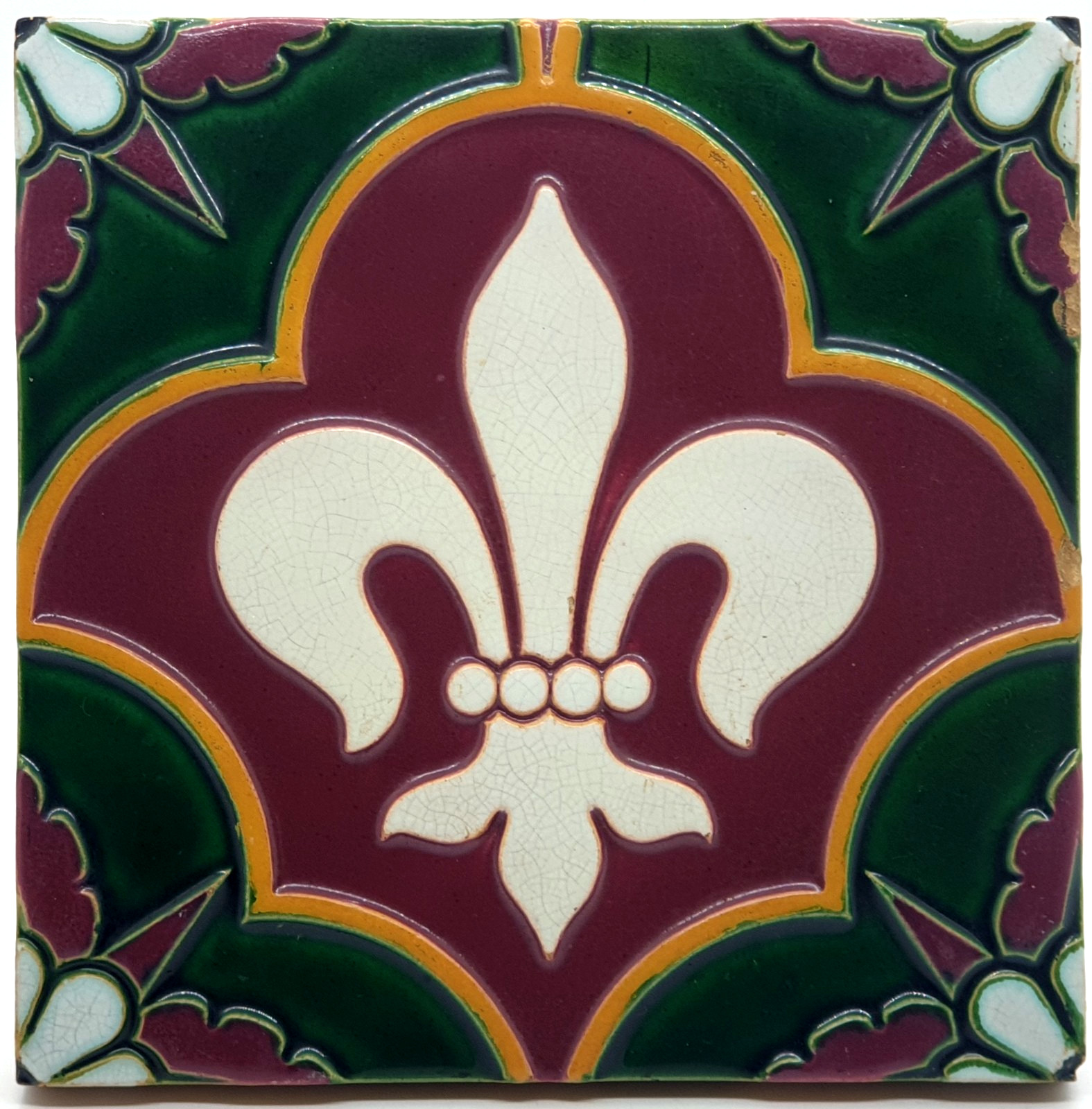 Antique Fireplace Tile Pugin Style High Relief Fleur De Lis Minton Hollins AE7