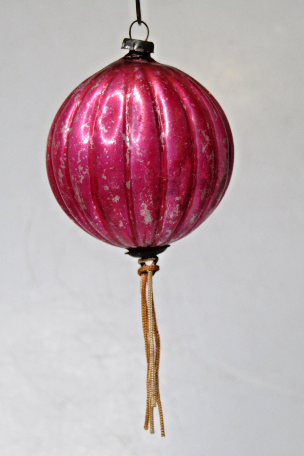 VTG Glass Outdent Ribbed Kugel BALL Fringes Christmas Ornament Japan Hot Pink