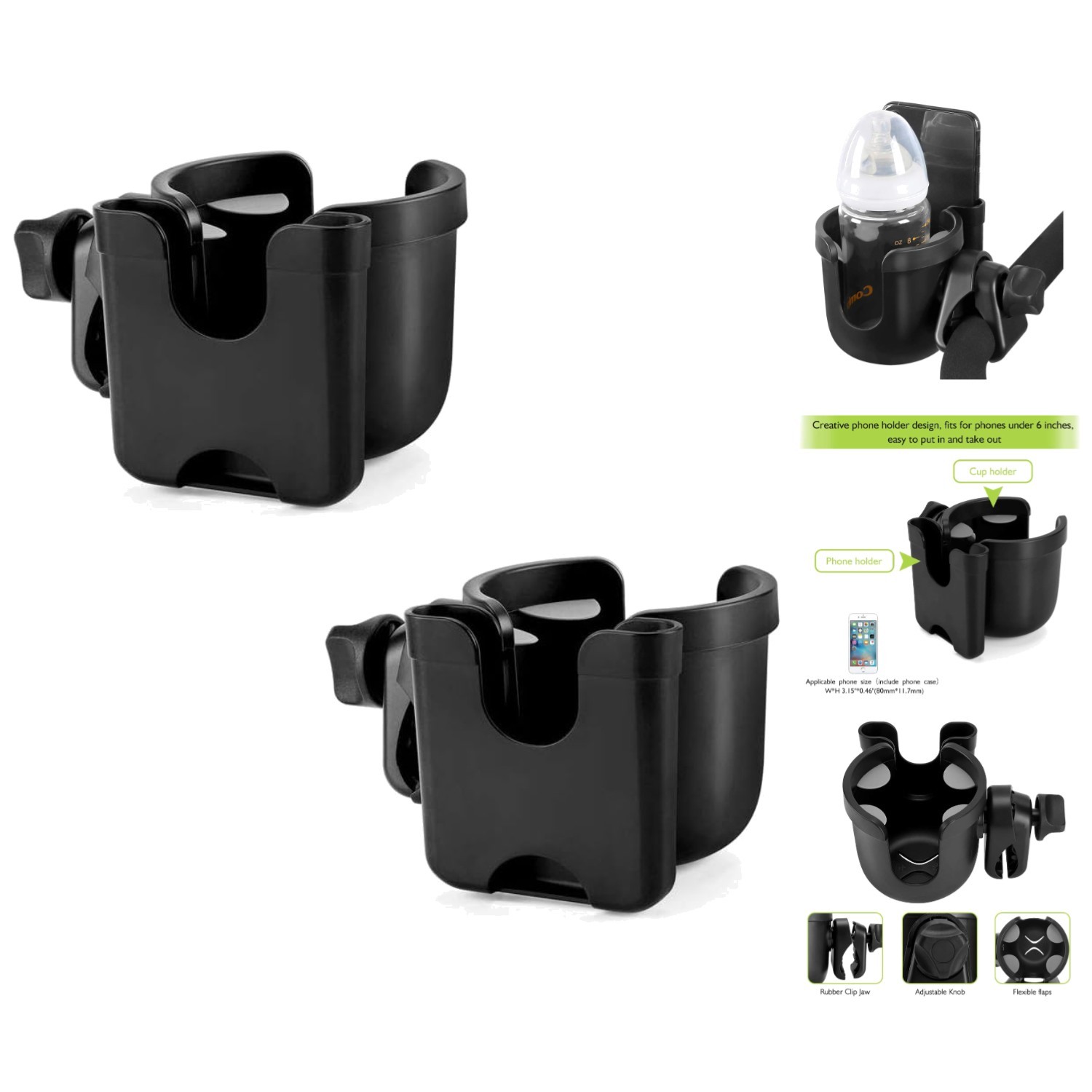 Stroller Cup Holder Phone Holder 2-in-1 Universal Fit For Strollers Bikes