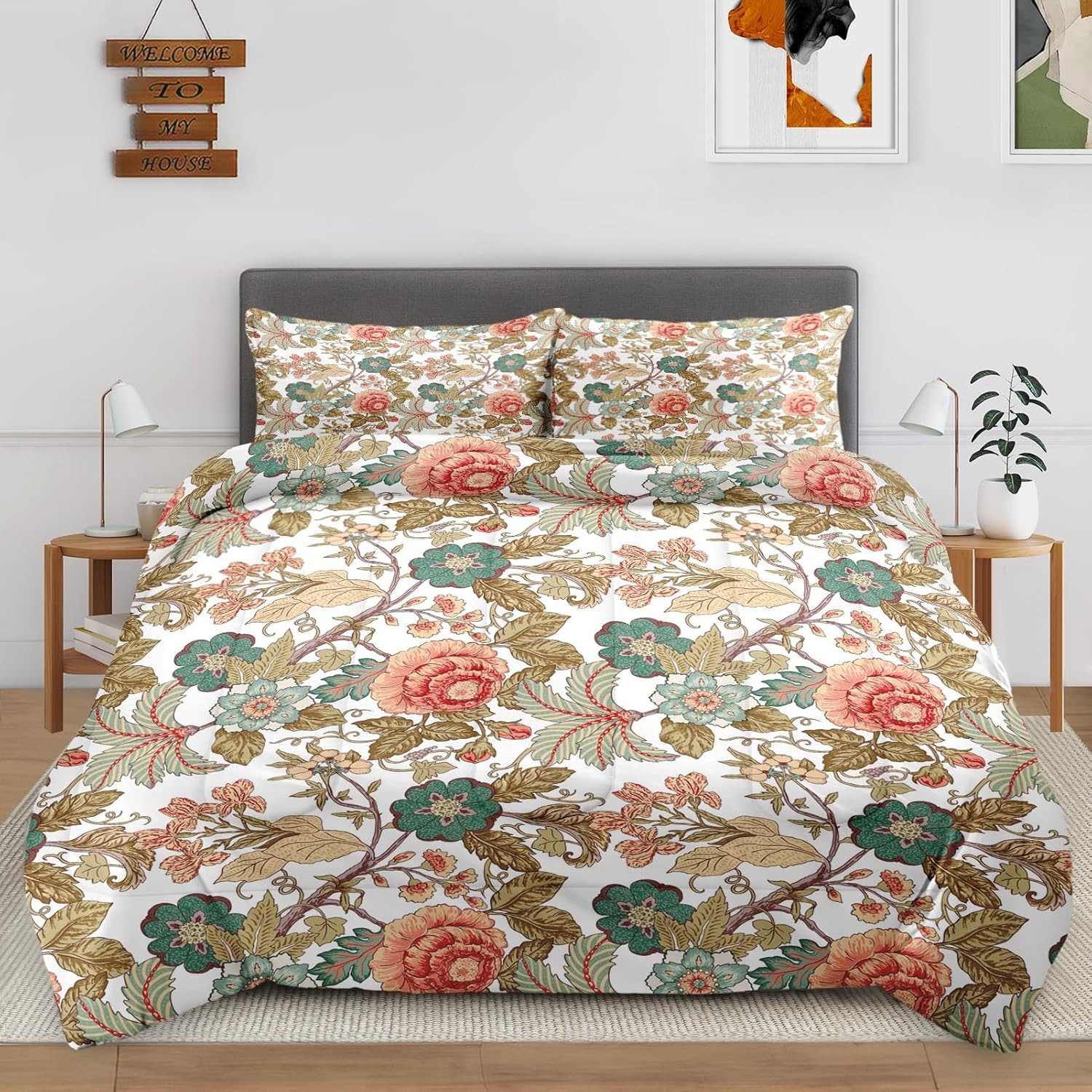 3Pcs Full Size Comforter Set, Vintage Blue Charming Boho Floral Paisley, Bedding