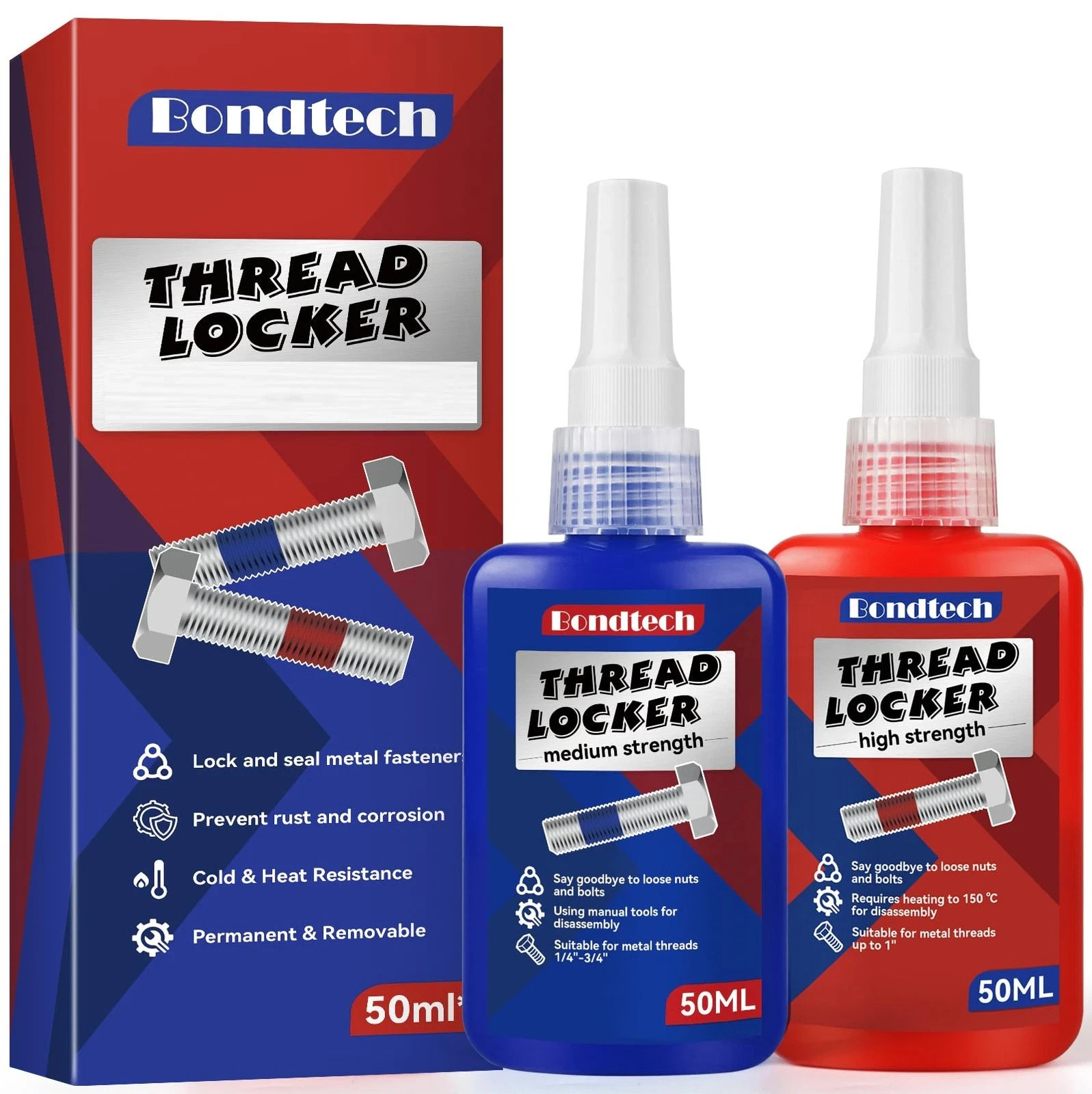 Thread Lock Blue and Red, Threadlocker Medium High Strength, blue 