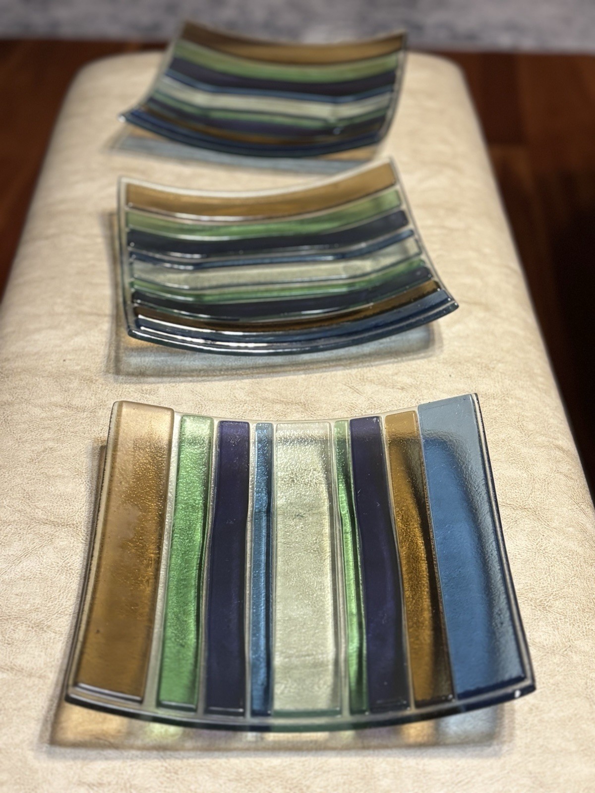 Set of 3 Handmade Fused Art Glass Dishes Trays Blue Green Amber Purple Striped