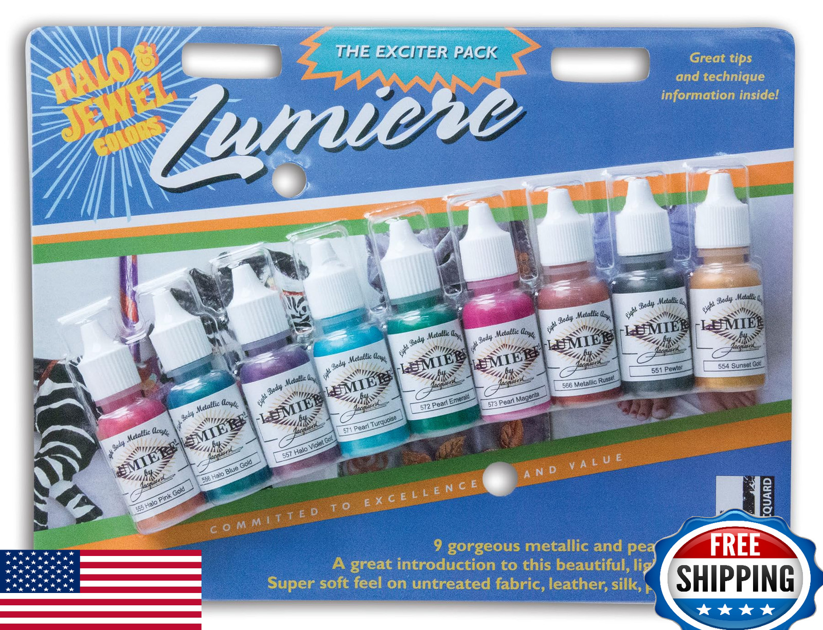Jacquard Lumiere Exciter Pack 9 Jewel Colors Fabric Paint Kit