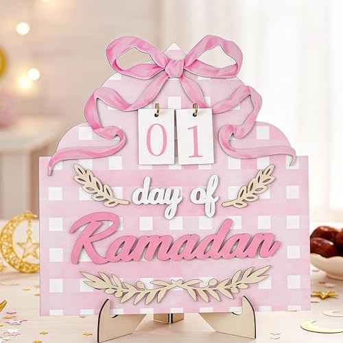 Pink Bow Countdown Calendar Eid Mubaraken Table 7.87 x 7.87 Inches Wood Ramadan