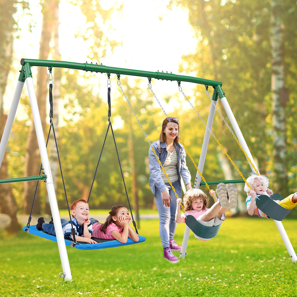 660lb 7.3ft Tall Heavy Duty Metal Swing Set with 3 Swings Kids Backyard Swingset