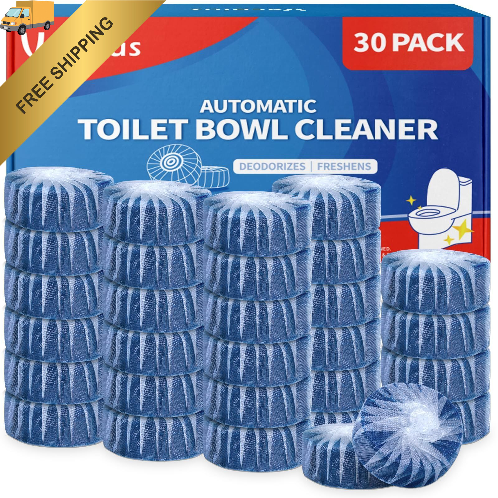 Vacplus Toilet Cleaner Tablets 30 Pack, Automatic 1 Count (Pack of 30), Blue 