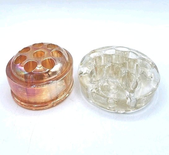 Glass Flower Frog Or Marble Display Carnival & Clear 2.75 & 3.25" Vtg Irredesc.